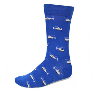 A blue sock with a white helicopter novelty pattern