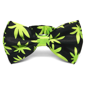 Neon green weed leaf on a black bow tie.