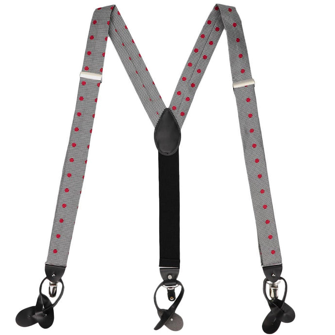 Houndstooth suspenders with red polka dots