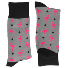 Load image into Gallery viewer, Pair of men&#39;s gray, black and hot pink flamingo socks