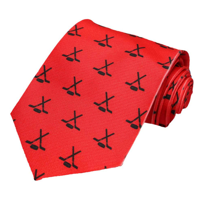 A red men's hockey necktie with a crossed stick and puck design