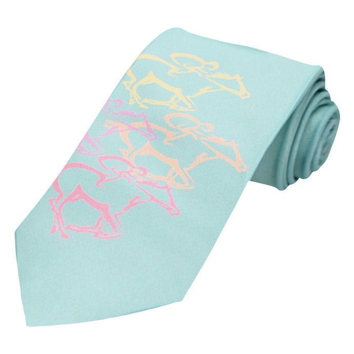 A light blue tie with four pastel colored racing horse jockeys
