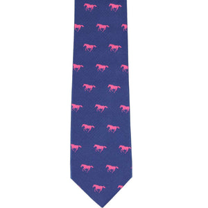 The front of a pink and blue horse slim tie, laid out flat