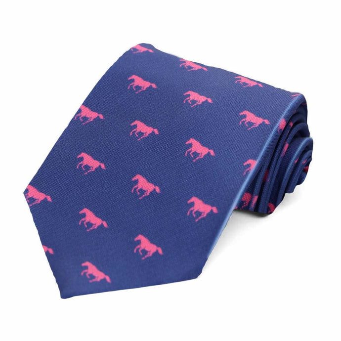 Pink horse silhouettes repeated on a dark blue tie