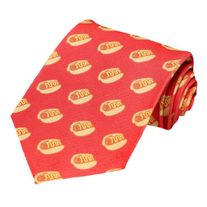 Hot Dog on a bun with mustard pattern on a red tie.