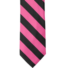 Load image into Gallery viewer, The front of a hot pink and black striped tie, laid out flat