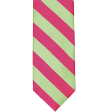 Load image into Gallery viewer, Front view of a hot pink and lime green striped tie, laid out front