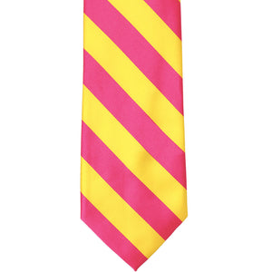 Front of a hot pink and yellow striped tie, laid out flat