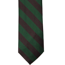 Load image into Gallery viewer, The front of a hunter green and brown striped tie, laid out flat