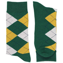 Load image into Gallery viewer, Pair of men&#39;s hunter green and gold argyle socks