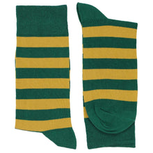 Load image into Gallery viewer, Pair of men&#39;s hunter green and gold striped socks