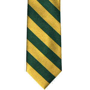 Front view of a hunter green and gold striped tie