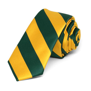 Hunter Green and Golden Yellow Striped Skinny Tie, 2" Width