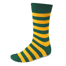 Load image into Gallery viewer, Men&#39;s hunter green and golden yellow striped dress socks