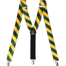 Load image into Gallery viewer, Pair of hunter green and golden yellow striped suspenders