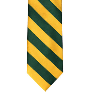 Front view of a hunter green and golden yellow striped tie