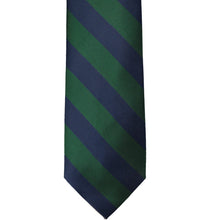 Load image into Gallery viewer, The front of a hunter green and navy blue striped tie