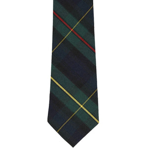 The front of a hunter green and navy blue plaid tie