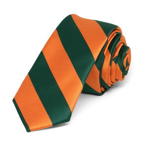 Hunter Green and Orange Striped Skinny Tie, 2" Width