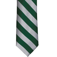 Load image into Gallery viewer, The front of a hunter green and silver striped tie
