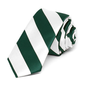 Hunter Green and White Striped Skinny Tie, 2" Width