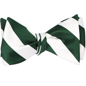 Hunter green and white striped self-tie bow tie, tied