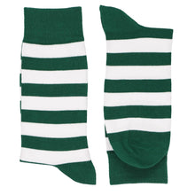 Load image into Gallery viewer, Pair of men&#39;s hunter green and white horizontal striped crew socks