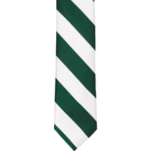 Load image into Gallery viewer, The front of a hunter green and white striped tie, laid out flat