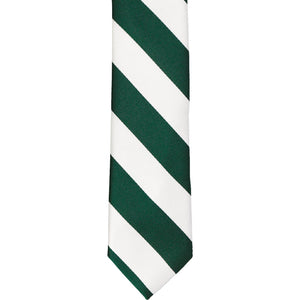 The front of a hunter green and white striped tie, laid out flat