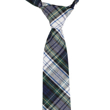 Load image into Gallery viewer, The knot and front of a hunter green, white and blue plaid pre-tied tie