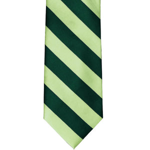 Front view of a hunter green and pear green striped tie