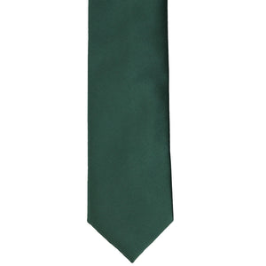 Front bottom of view of a hunter green tie in a slim width