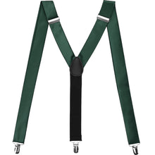 Load image into Gallery viewer, Hunter green suspenders, displayed in an M to show off the clips and y-back design