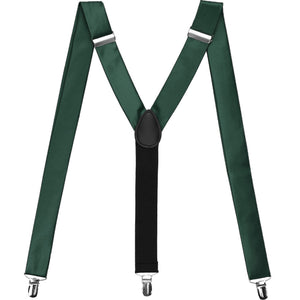 Hunter green suspenders, displayed in an M to show off the clips and y-back design