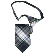 Load image into Gallery viewer, Boys&#39; plaid breakaway tie in hunter green, navy and white plaid