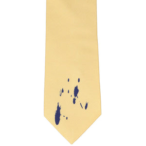 Flat view of a yellow tie with dark blue ink blobs