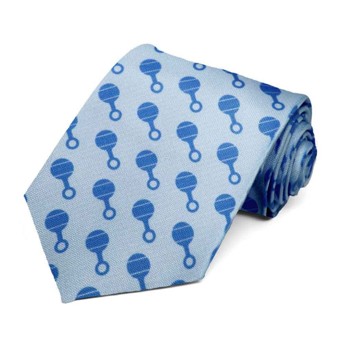 Blue rattles on a light blue tie.
