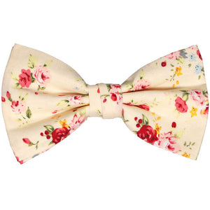 Ivory pre-tied bow tie with delicate pink and yellow flower pattern