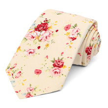Load image into Gallery viewer, A pink and ivory floral narrow tie, rolled to show the front