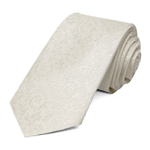 Load image into Gallery viewer, Skinny ivory floral tie, rolled to show pattern