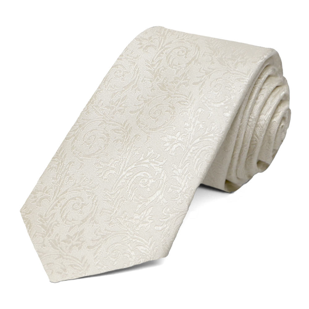 Skinny ivory floral tie, rolled to show pattern