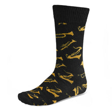 Load image into Gallery viewer, Men&#39;s black dress socks with brass instrument pattern
