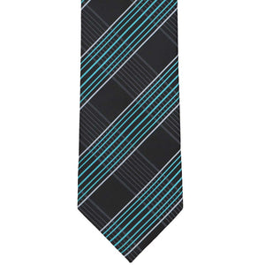 Flat front view of a turquoise and black plaid necktie