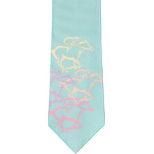 Load image into Gallery viewer, Front view of a pastel blue tie with horse jockeys racing