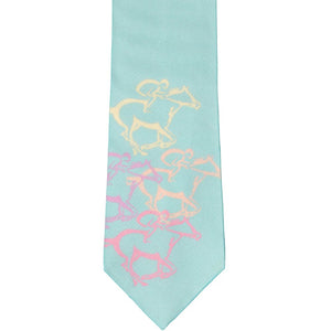 Front view of a pastel blue tie with horse jockeys racing