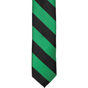 The front of a kelly green and black striped skinny tie, laid out flat