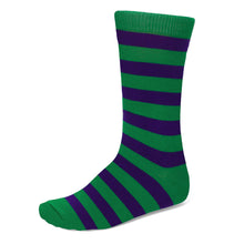 Load image into Gallery viewer, A single kelly green and dark purple striped sock