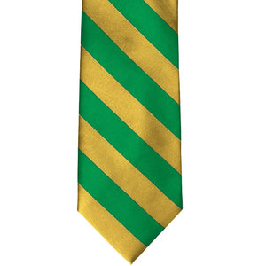 Front flat view of a kelly green and gold striped tie