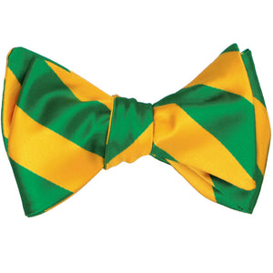 Kelly green and golden yellow striped self-tie bow tie, tied