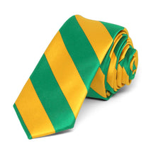 Load image into Gallery viewer, Kelly Green and Golden Yellow Striped Skinny Tie, 2&quot; Width
